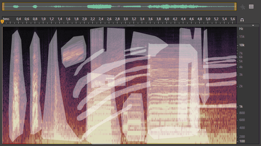 Спектрограмма первых 6 секунд сцены, с выделенными элементами